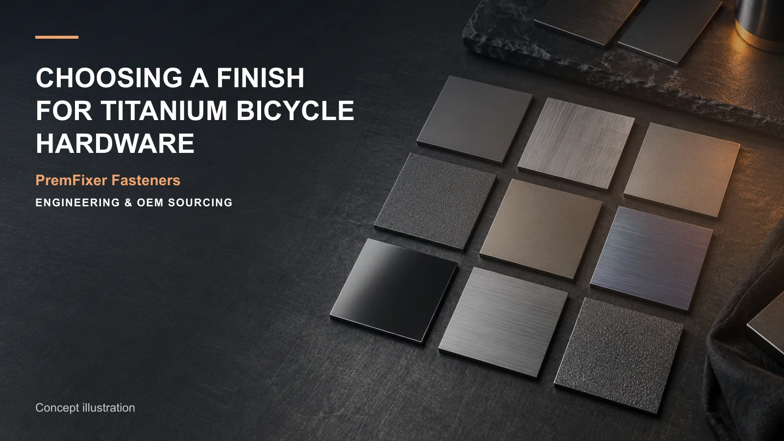 Conceptual engineering workspace introducing titanium surface-finish options for bicycle and electric-mobility OEM teams.