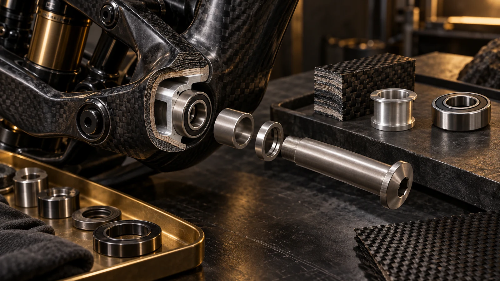 Concept carbon suspension pivot with a metal insert, bearing, titanium shoulder axle and separate contact components, not an approved frame assembly