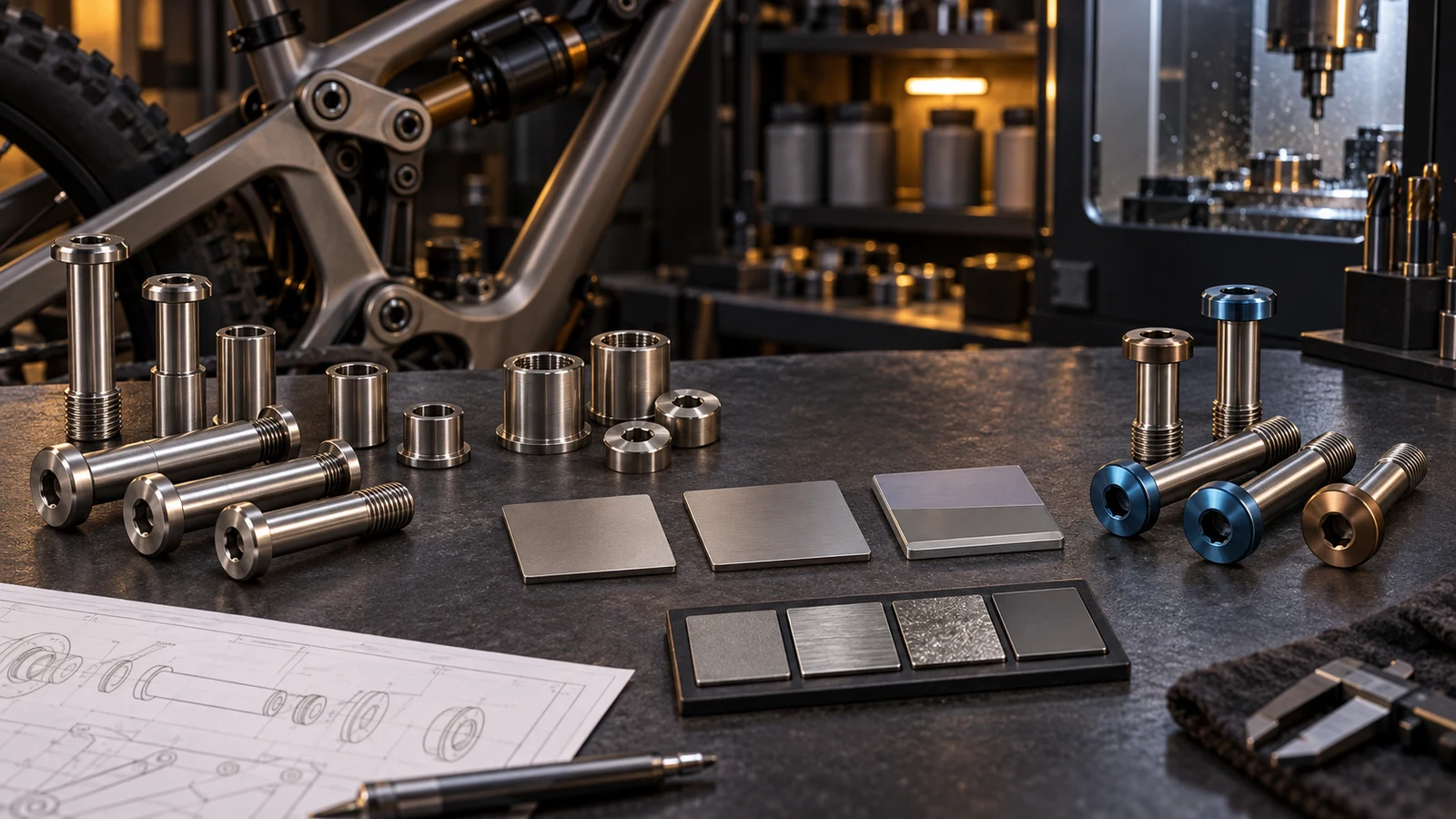 Concept illustration of natural titanium pivot hardware, example anodized heads and separate layered witness coupons for surface-system review; no chemistry, bond strength or proven corrosion performance is shown.