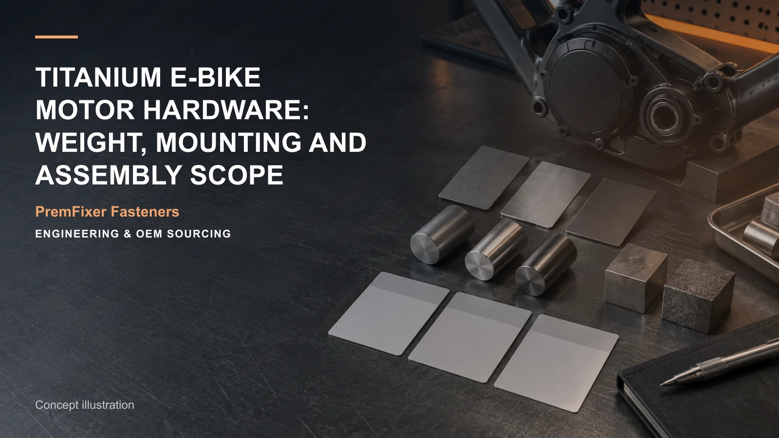 Conceptual engineering workspace introducing titanium e-bike motor hardware for bicycle and electric-mobility OEM teams.