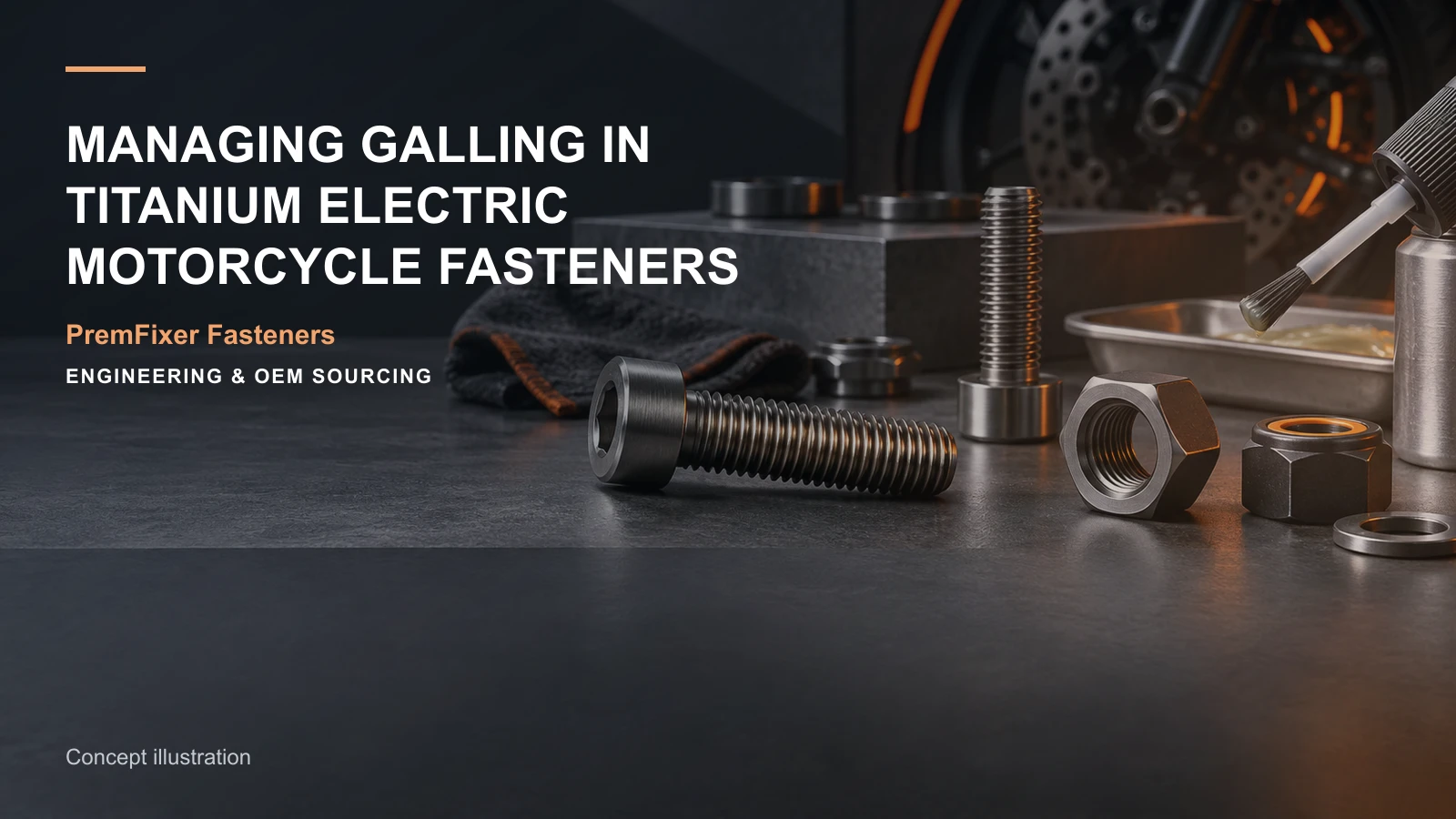 Concept illustration for Managing Galling in Titanium Electric Motorcycle Fasteners.
