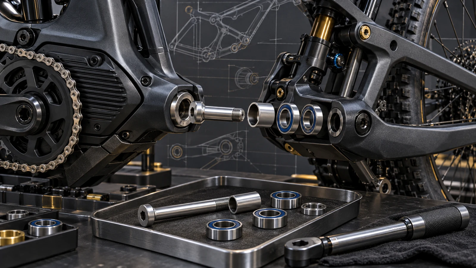 Concept e-MTB linkage with aligned pivot axle, sleeve and bearing rings, not a tested bicycle, approved replacement or measured load case
