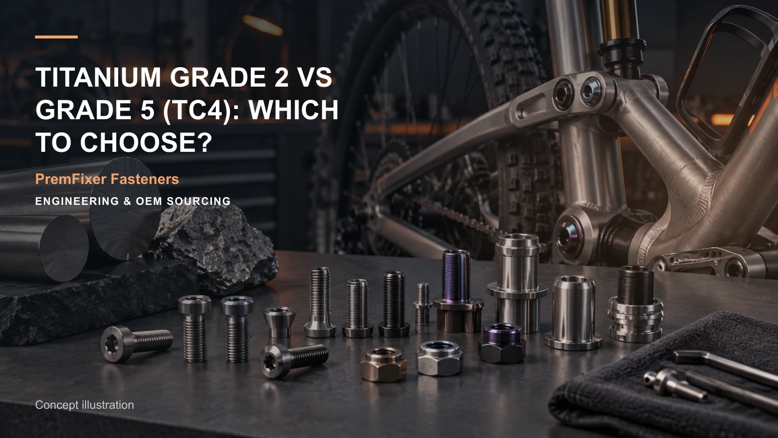 Editorial concept for titanium Grade 2 versus Grade 5 with cards for titanium option comparison, material selection record, lightweight design comparison.