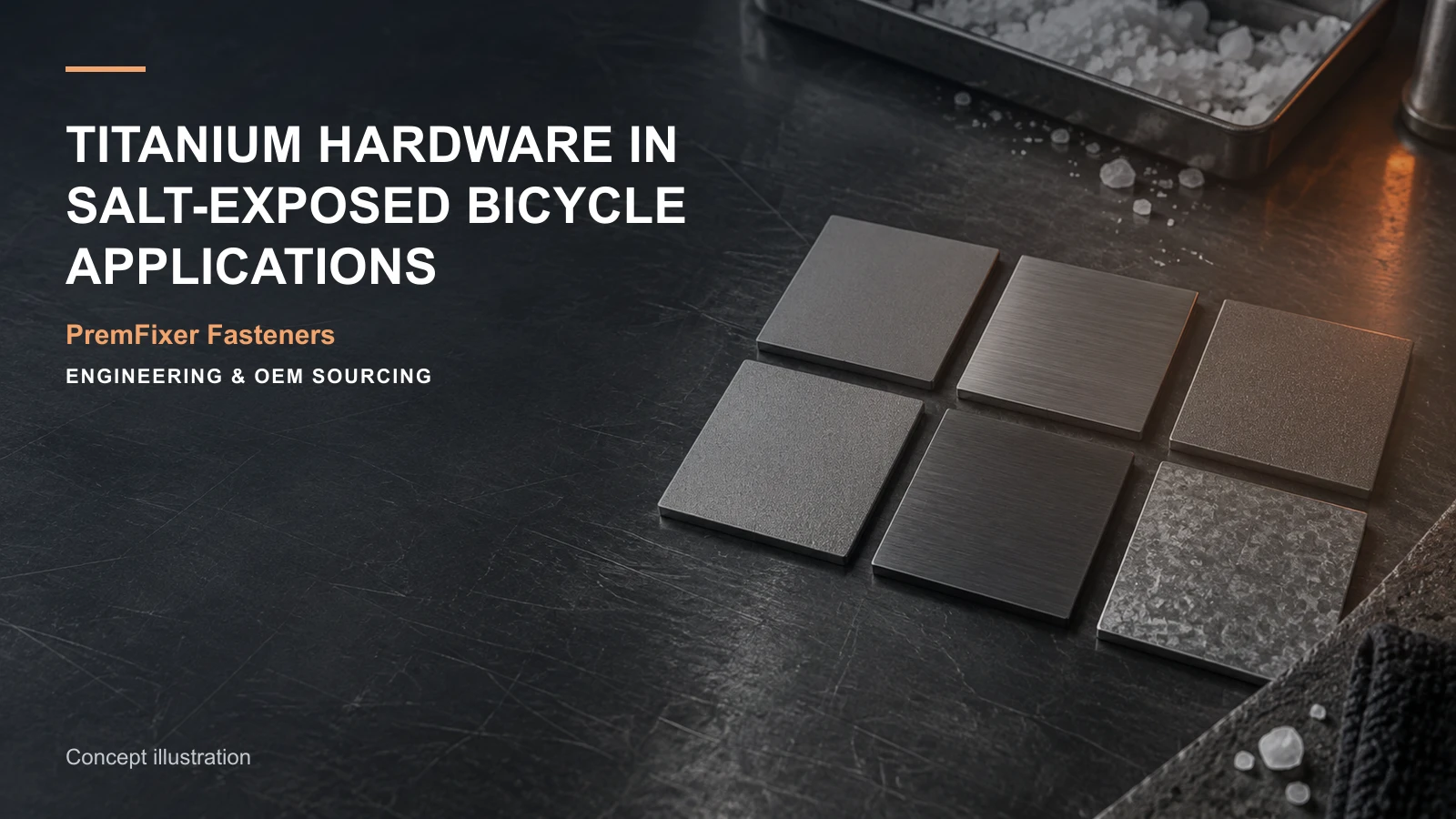 Conceptual engineering workspace introducing salt-exposed titanium hardware for bicycle and electric-mobility OEM teams.