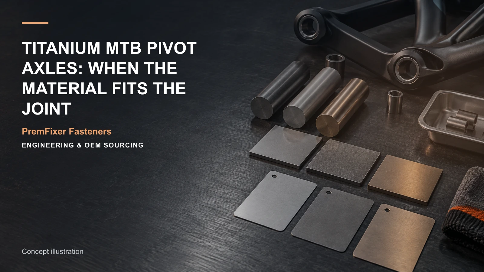 Conceptual engineering workspace introducing titanium MTB pivot axles for bicycle and electric-mobility OEM teams.