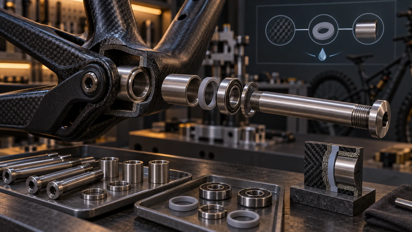 Concept titanium axle, bearings and gray barrier rings beside a cutaway carbon-frame boss and a separate interface sample, with abstract contact and moisture symbols; not an approved protection scheme.