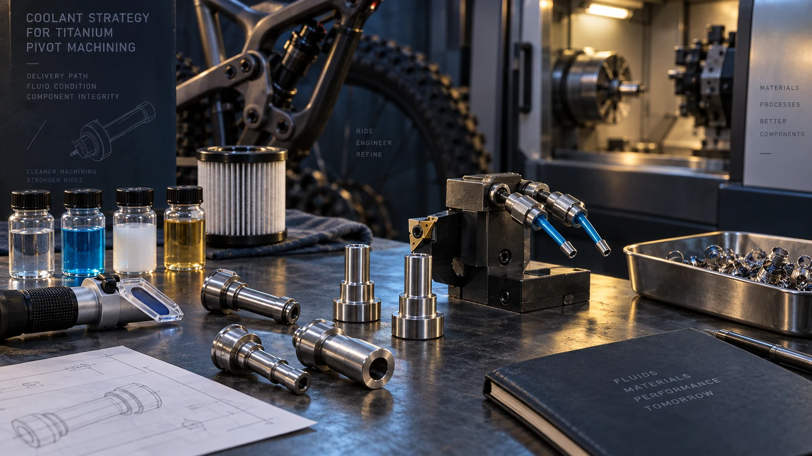 Concept titanium pivot references beside a stationary directed-nozzle tool, chip tray and fluid-condition instruments, not an actual machining trial or proprietary coolant