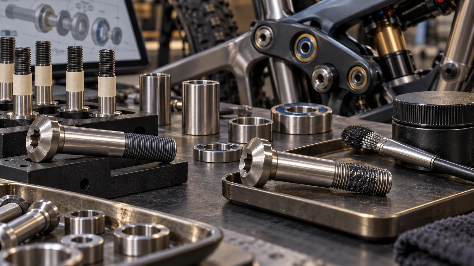 Concept illustration contrasting a matte thread coating and visible paste on titanium pivot bolts; not a factory photograph or application-quantity instruction