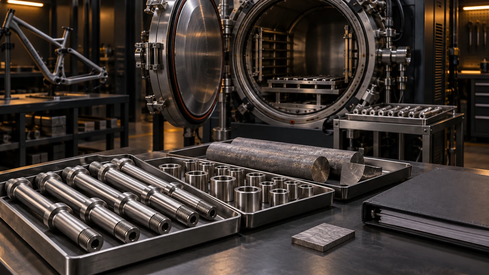 Concept titanium pivot parts, stock and specimen beside an unheated vacuum-furnace chamber, not a factory record or measured hydrogen result