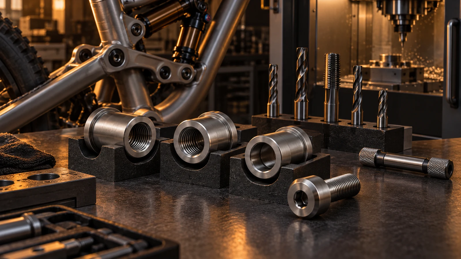 Concept titanium receiver axles with pilot and threaded openings, separate drills, threading tools and a plug gauge; not a measured thread or strength-test result