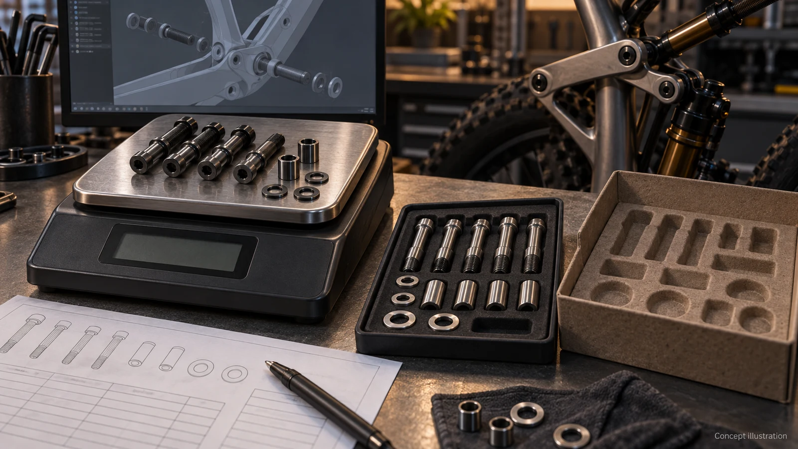 Concept bench scene comparing example steel and titanium pivot sets beside an unlit balance and neutral model worksheet; not actual mass measurements, approved kits or riding evidence