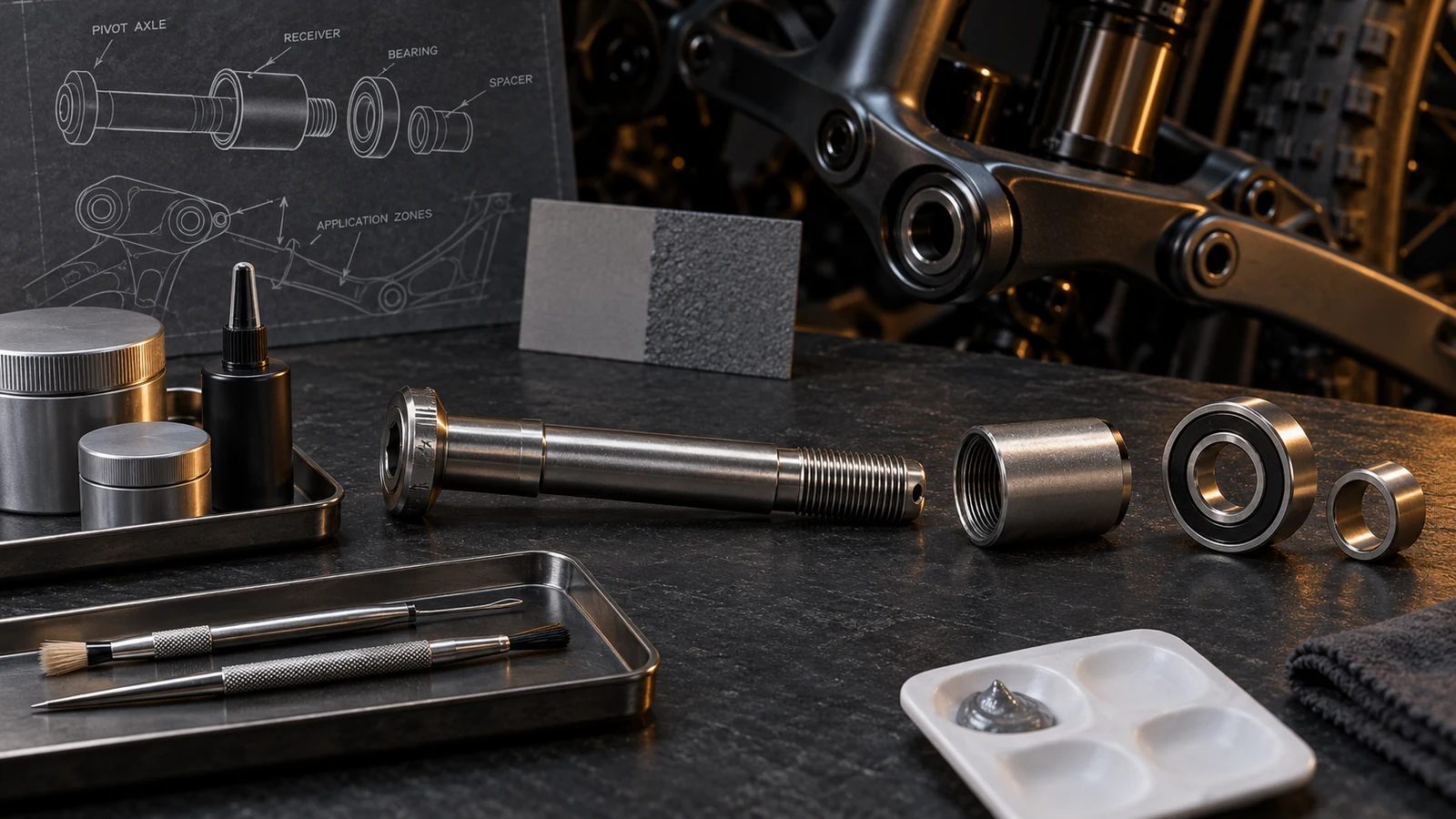 Concept titanium pivot axle and receiver with separate unbranded preparation containers, applicators and reference coupon, not an approved lubricant or application procedure