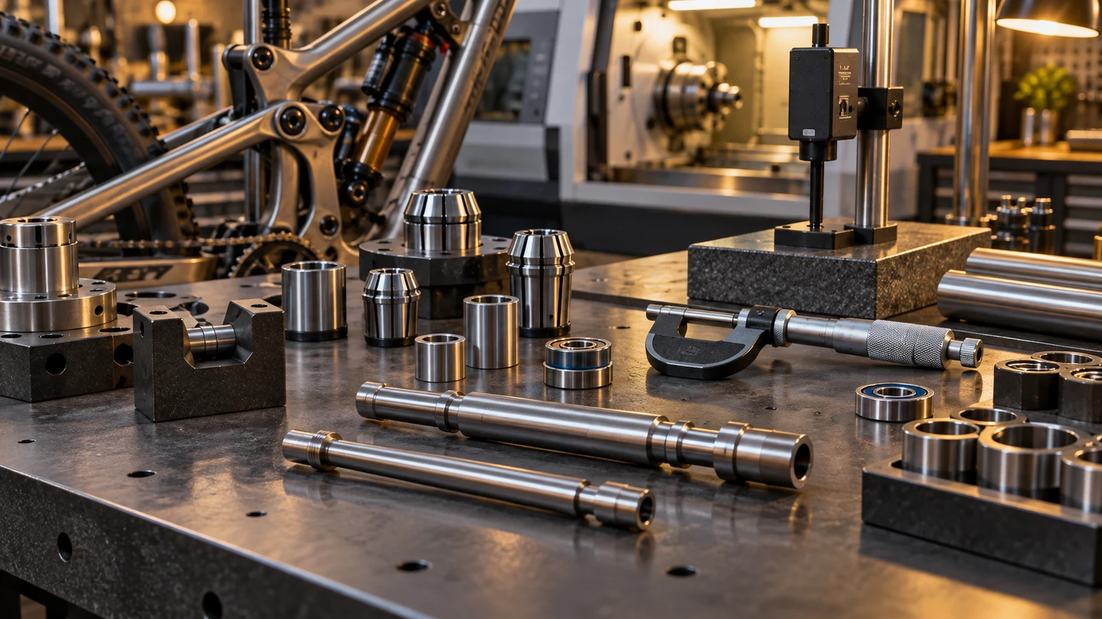 Concept titanium axle references beside separate support fixtures and measuring tools, not measured distortion or a qualified holding arrangement