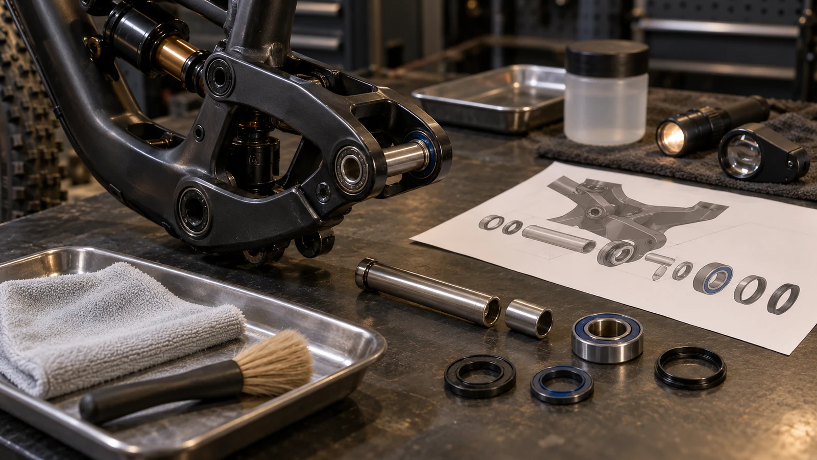 Concept suspension pivot with titanium reference hardware, bearing and seal examples, soft cleaning tools and inspection items, not an actual service result