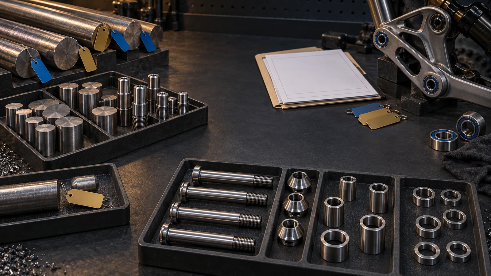 Concept illustration linking identified titanium bars, cut blanks, custom pivot hardware and separate material-document folders