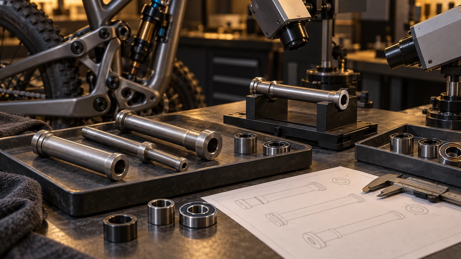 Concept titanium pivot specimens on a review bench with generic positioning equipment, not an operating XRD test or company laboratory
