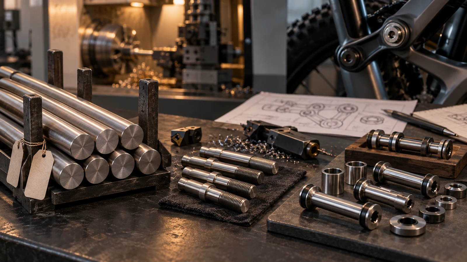 Concept illustration showing titanium round bars, turned pivot forms and finished example hardware in separate zones; not actual stock, approved material lots or proof of a six-month reserve.