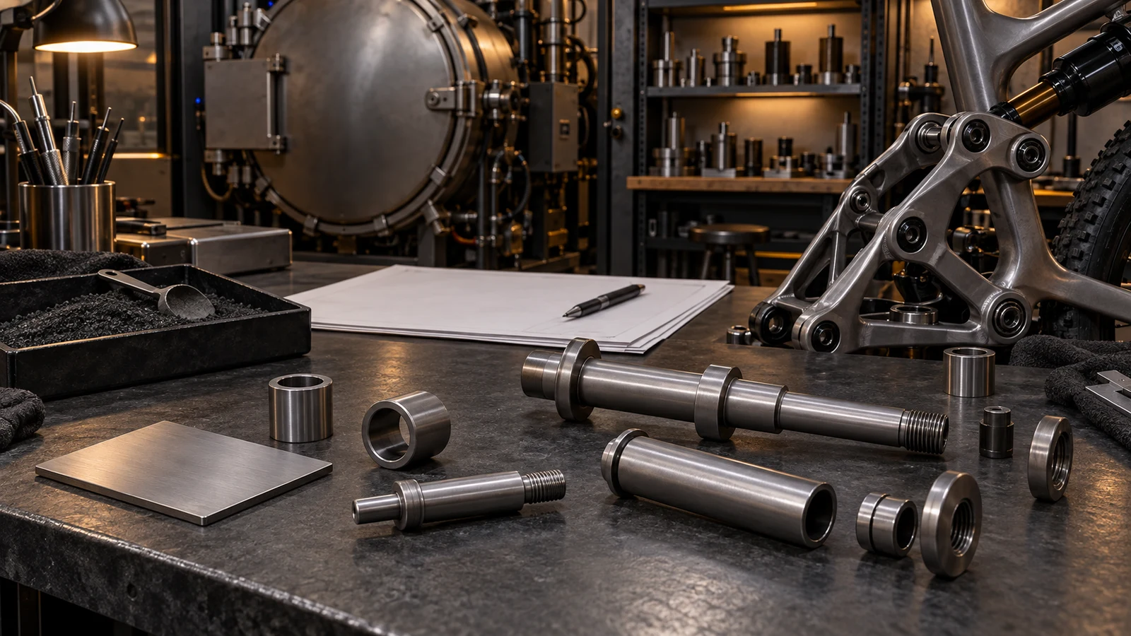 Concept illustration of titanium pivot axles, a material witness, a contact specimen and a complete linkage beside an inactive specialist chamber; no actual carburizing, test result or aerospace qualification is shown.