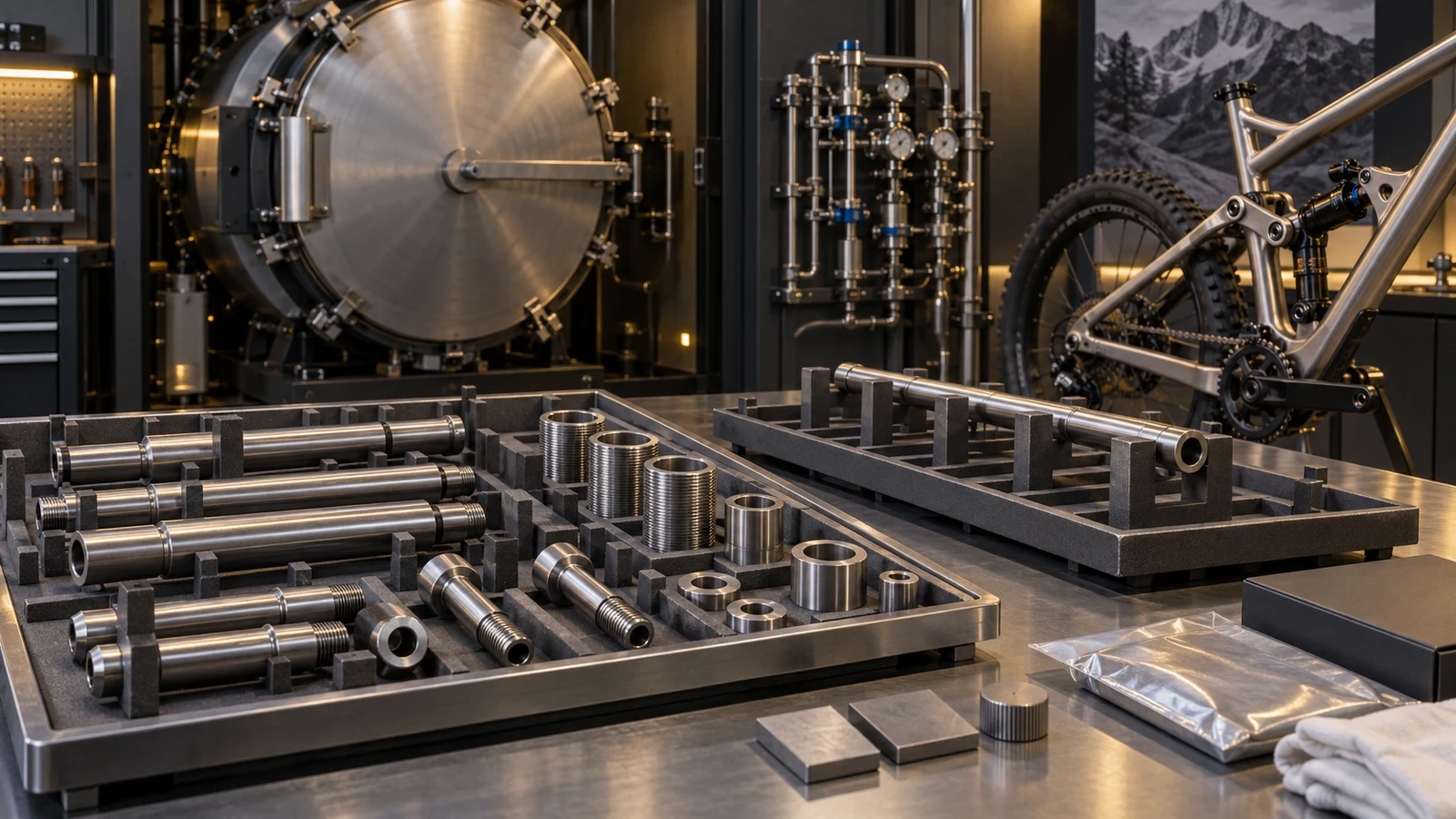 Concept titanium pivot axles, receivers and spacers in separate support trays with a generic closed thermal chamber and bicycle linkage; not PremFixer facility photography or a qualified annealing setup