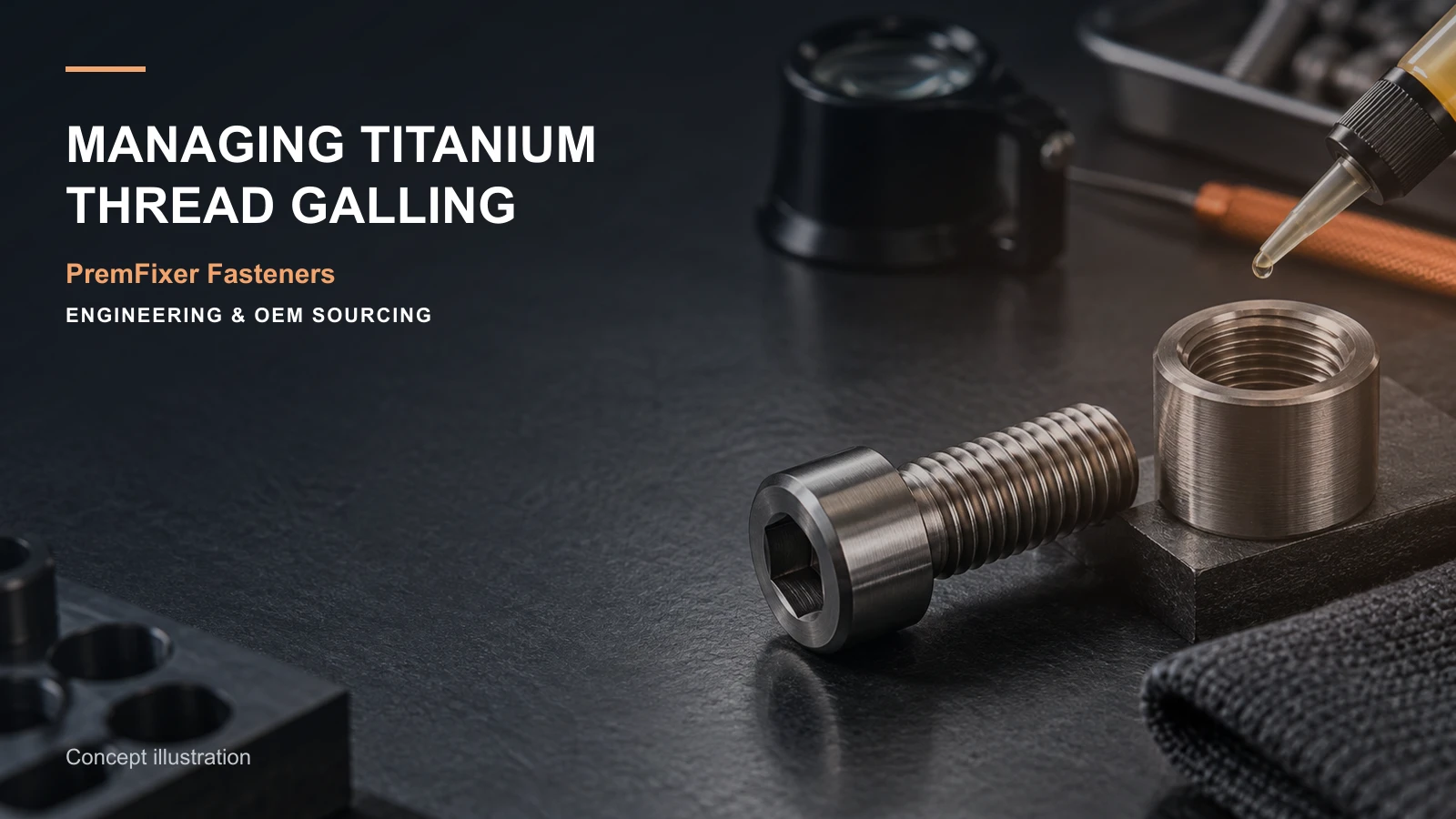 Titanium bicycle bolt and mating threaded receiver with anti-seize application and thread inspection gauges.