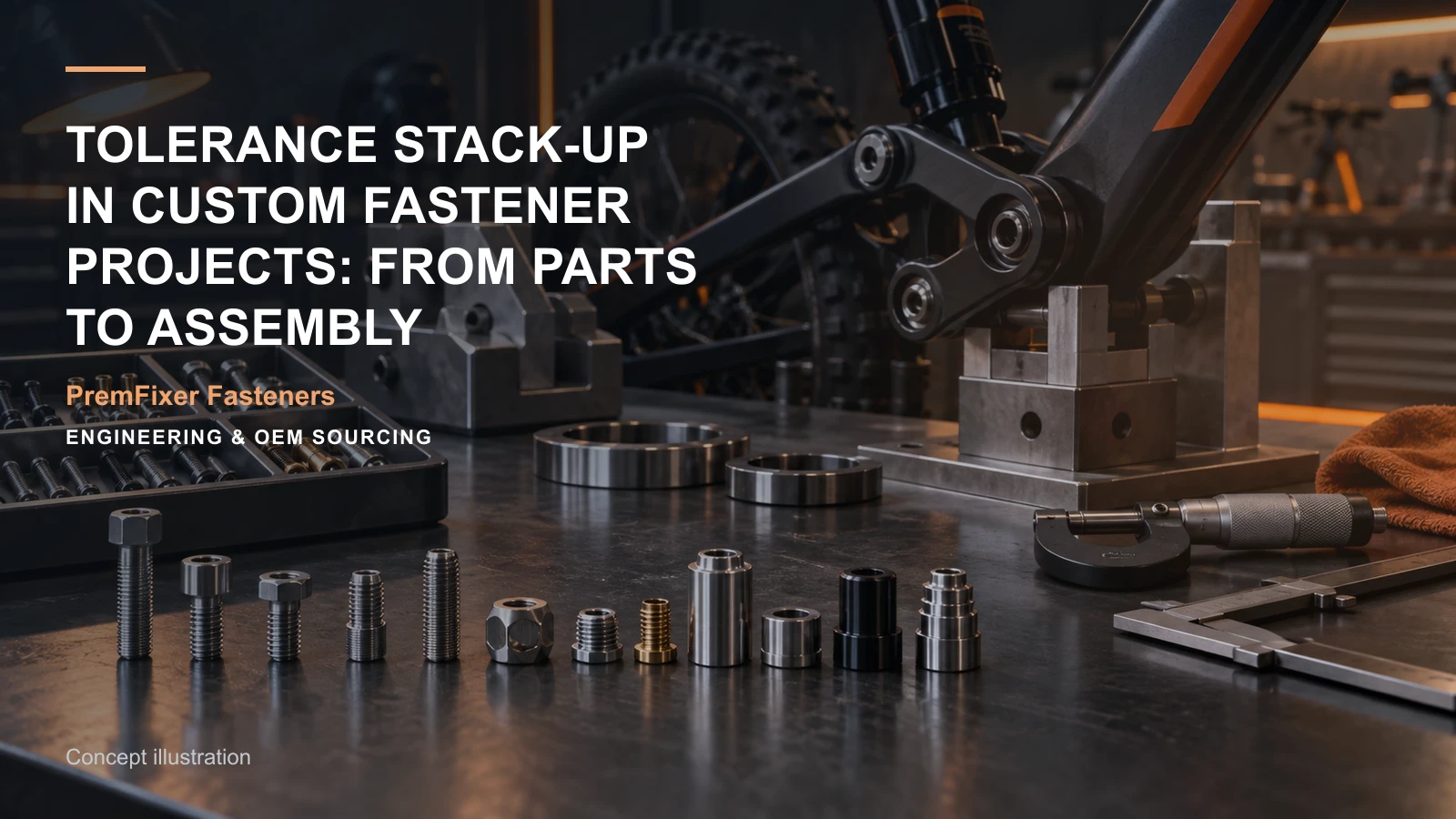 Editorial concept for tolerance stacks in custom assemblies with cards for assembly stack model, feature-to-inspection map, fit-selection worksheet.