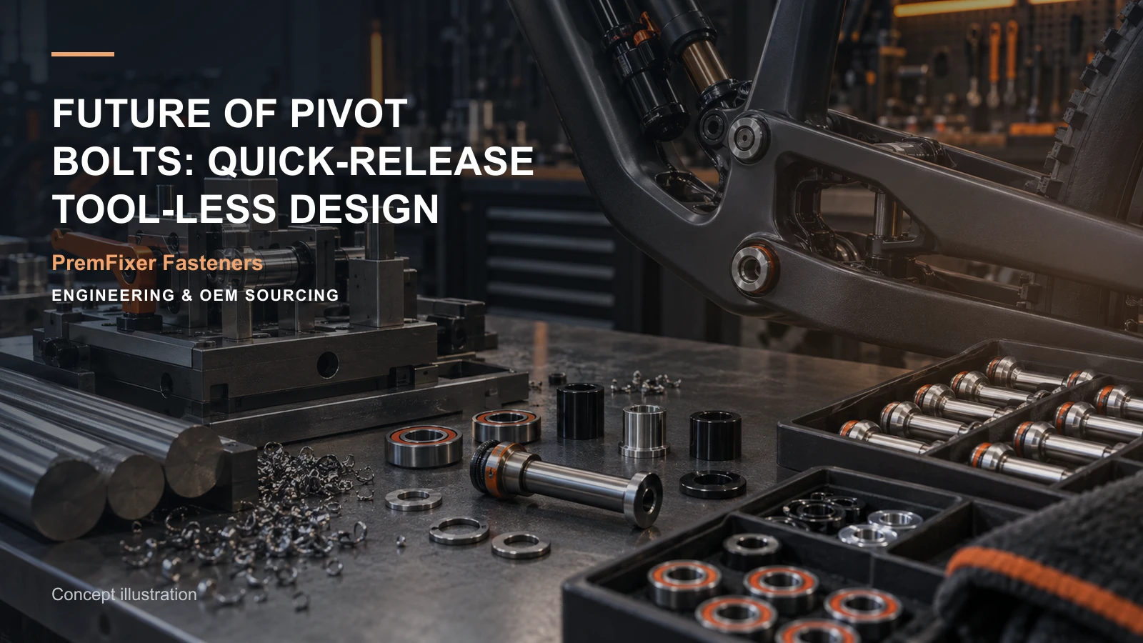 Editorial concept for tool-less pivot development with cards for tool-less concept review, anti-rotation concept comparison, service-access review sketch.