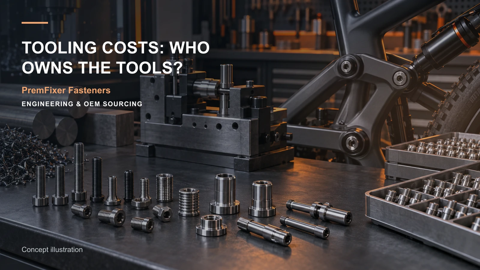 Editorial concept for tooling ownership in custom manufacturing with cards for tooling responsibility table, workholding concept and setup record, comparable quantity-price model.
