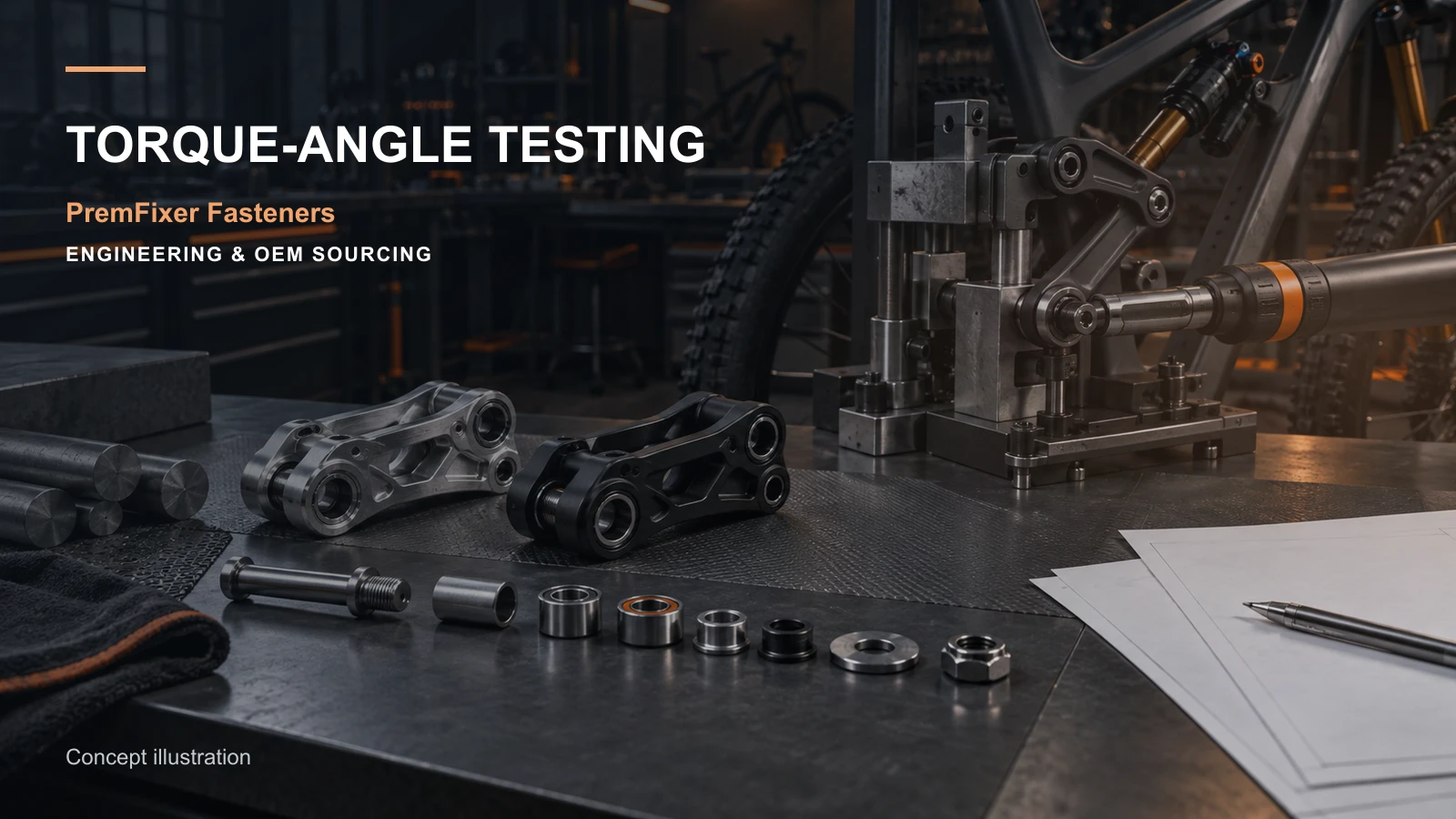 Editorial concept for torque-angle measurement on pivot joints with cards for torque-angle interpretation map, torque specification inputs, clamp-and-adjustment distinction.