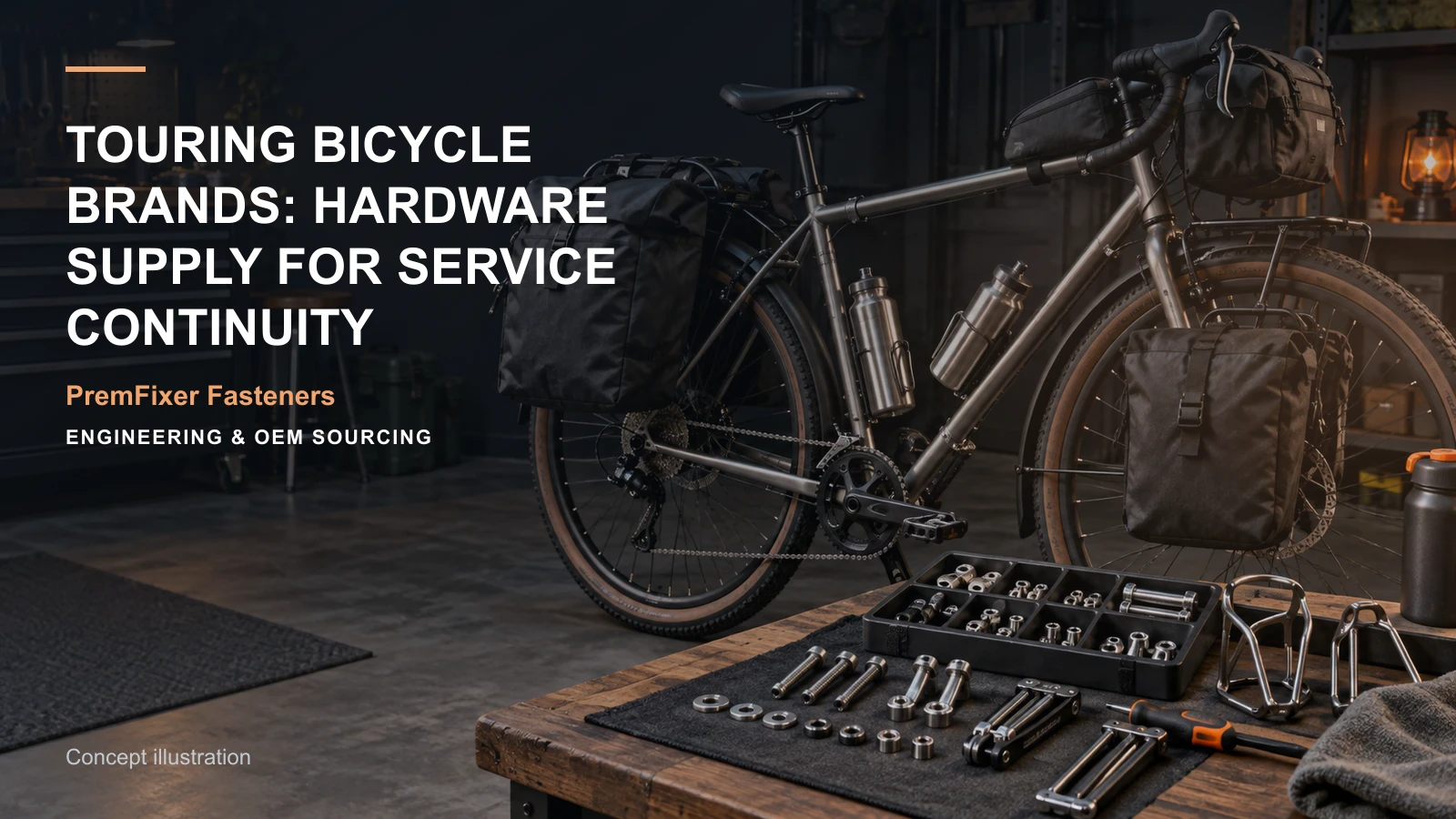 Conceptual engineering workspace introducing touring-bicycle hardware for bicycle and electric-mobility OEM teams.