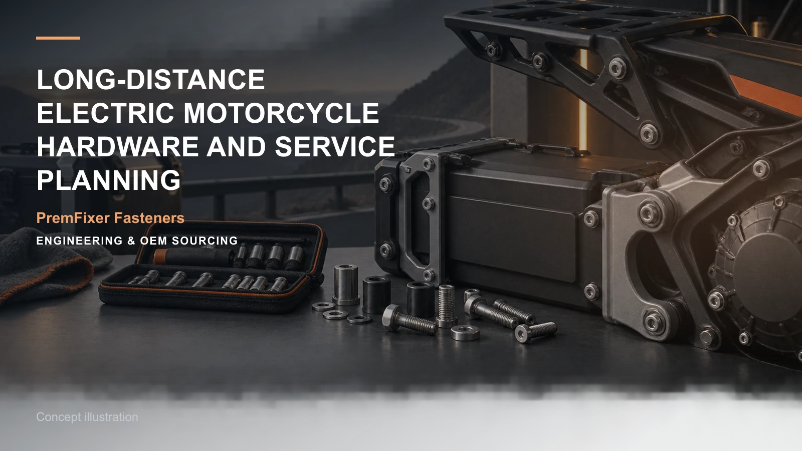 Concept illustration for Long-Distance Electric Motorcycle Hardware and Service Planning.