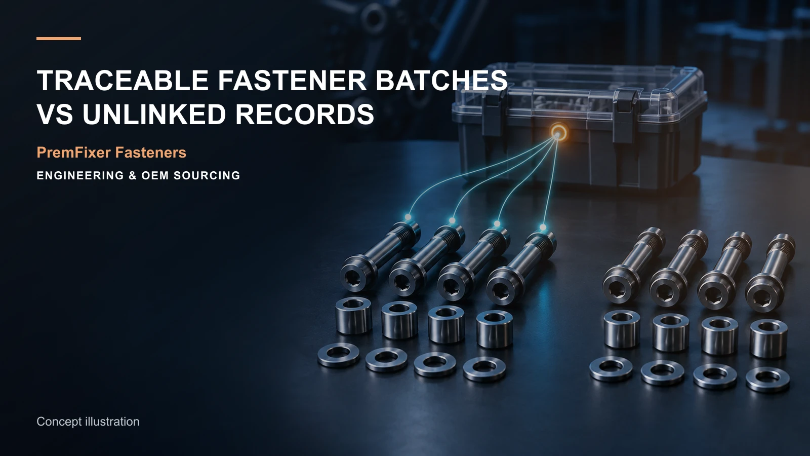 Conceptual engineering workspace introducing traceable fastener batches for bicycle and electric-mobility OEM teams.