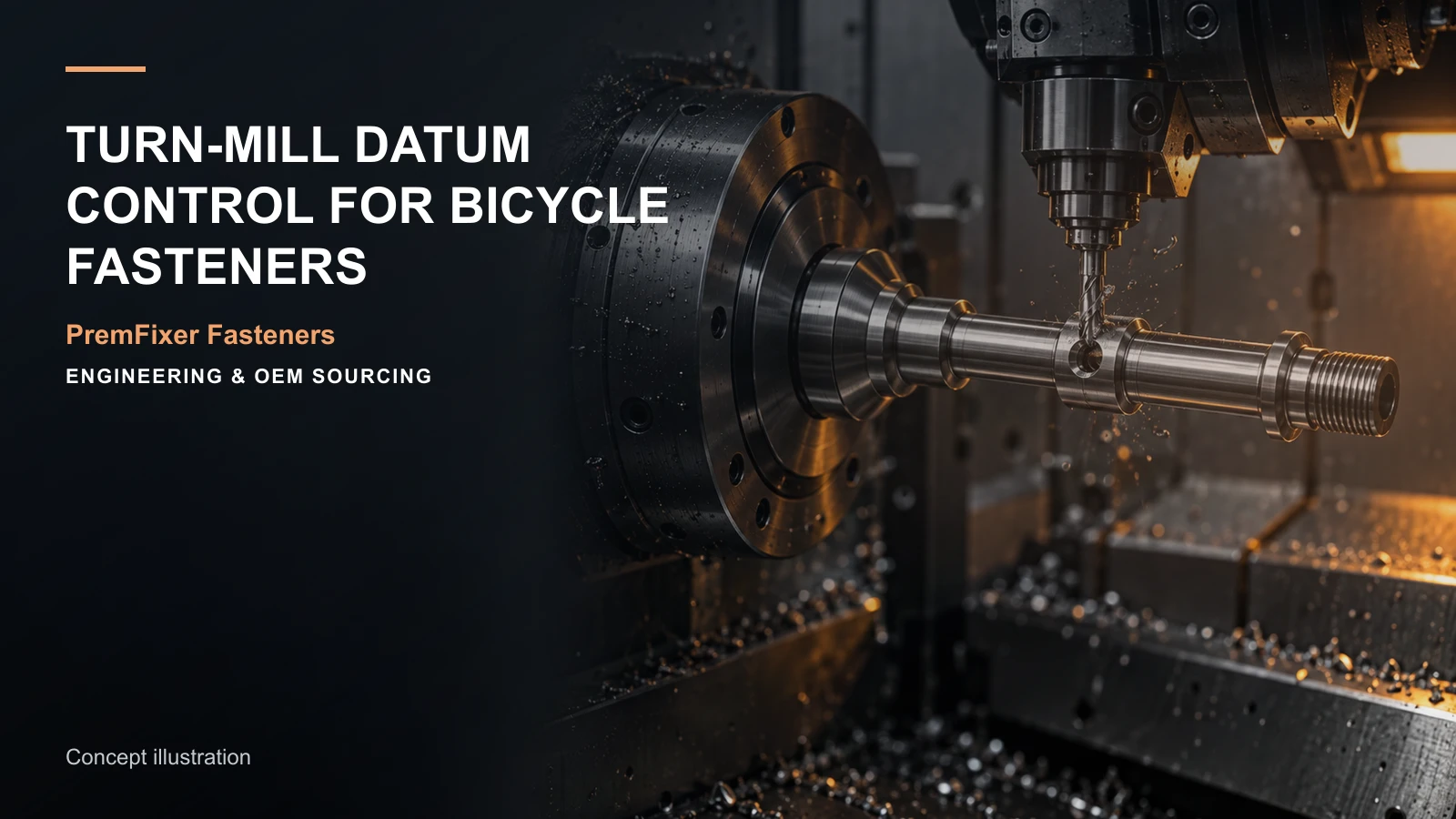 Bicycle pivot axle held in a turn-mill spindle while a live tool machines a cross feature in one controlled setup.