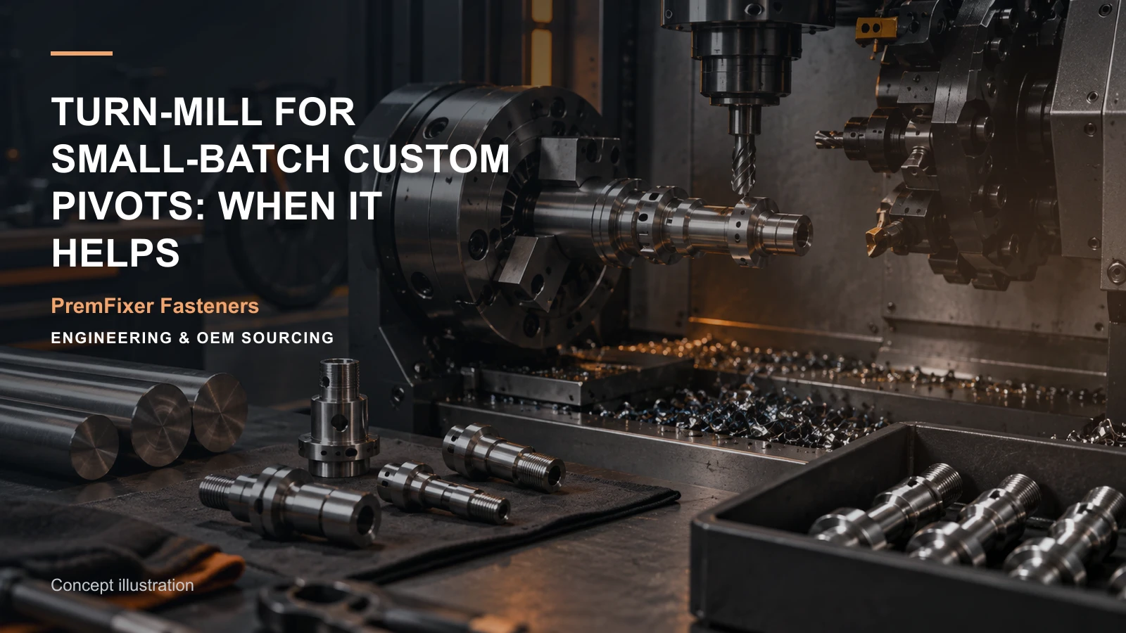Editorial concept for turn-mill for low-volume pivots with cards for combined-route map, workholding concept and setup record, small-batch order matrix.