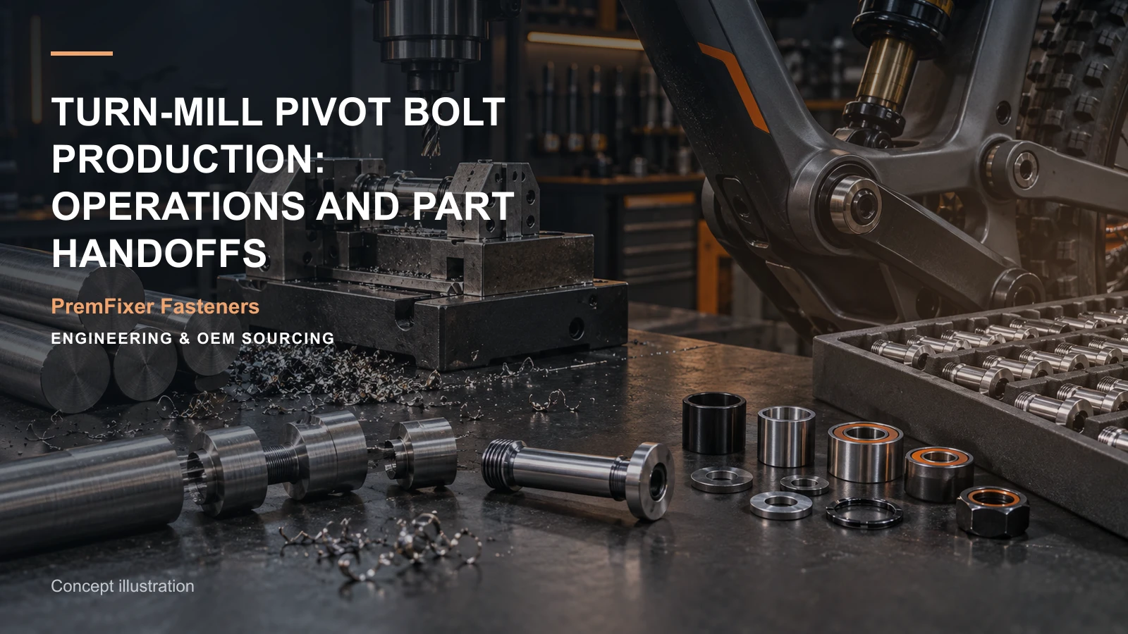 Concept illustration for Turn-Mill Pivot Bolt Production: Operations and Part Handoffs.