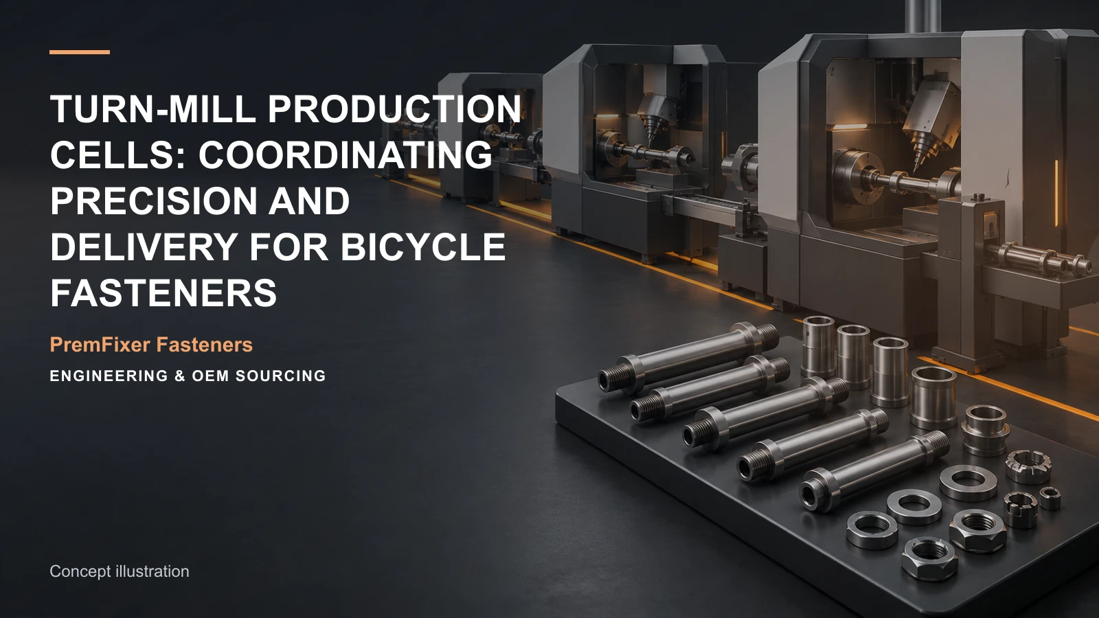 Concept illustration for Turn-Mill Production Cells: Coordinating Precision and Delivery for Bicycle Fasteners.