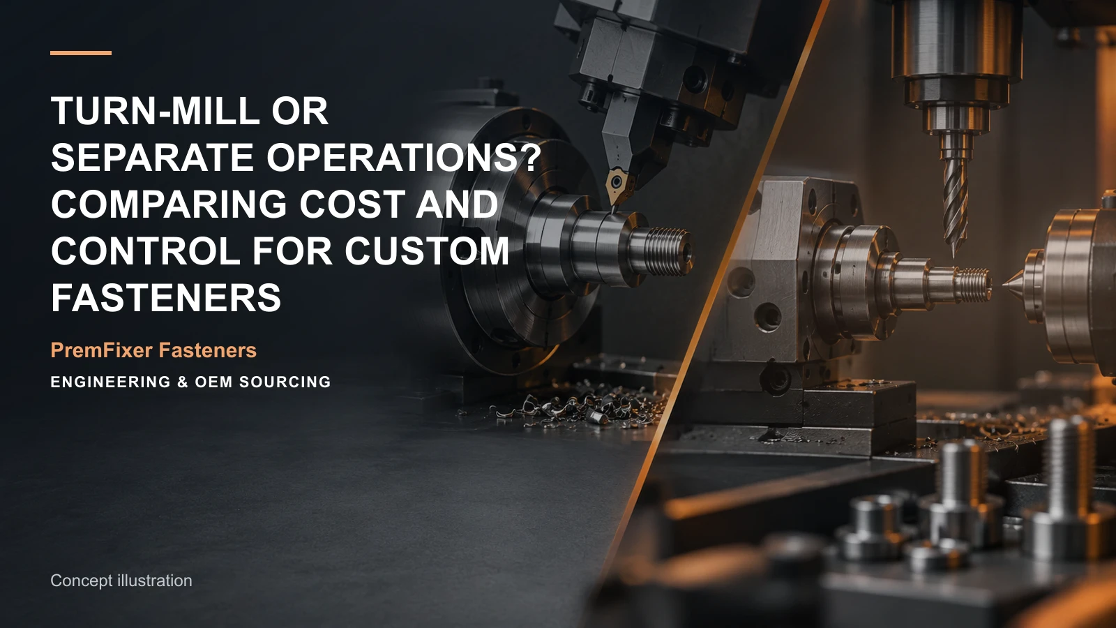 Concept illustration for Turn-Mill or Separate Operations? Comparing Cost and Control for Custom Fasteners.