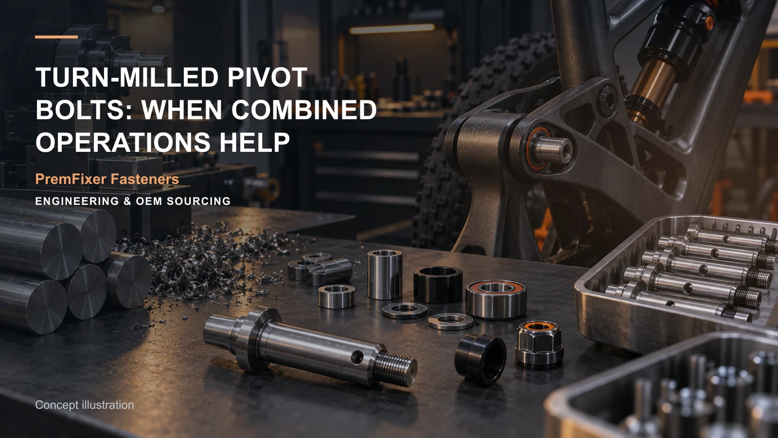 Concept illustration for Turn-Milled Pivot Bolts: When Combined Operations Help.