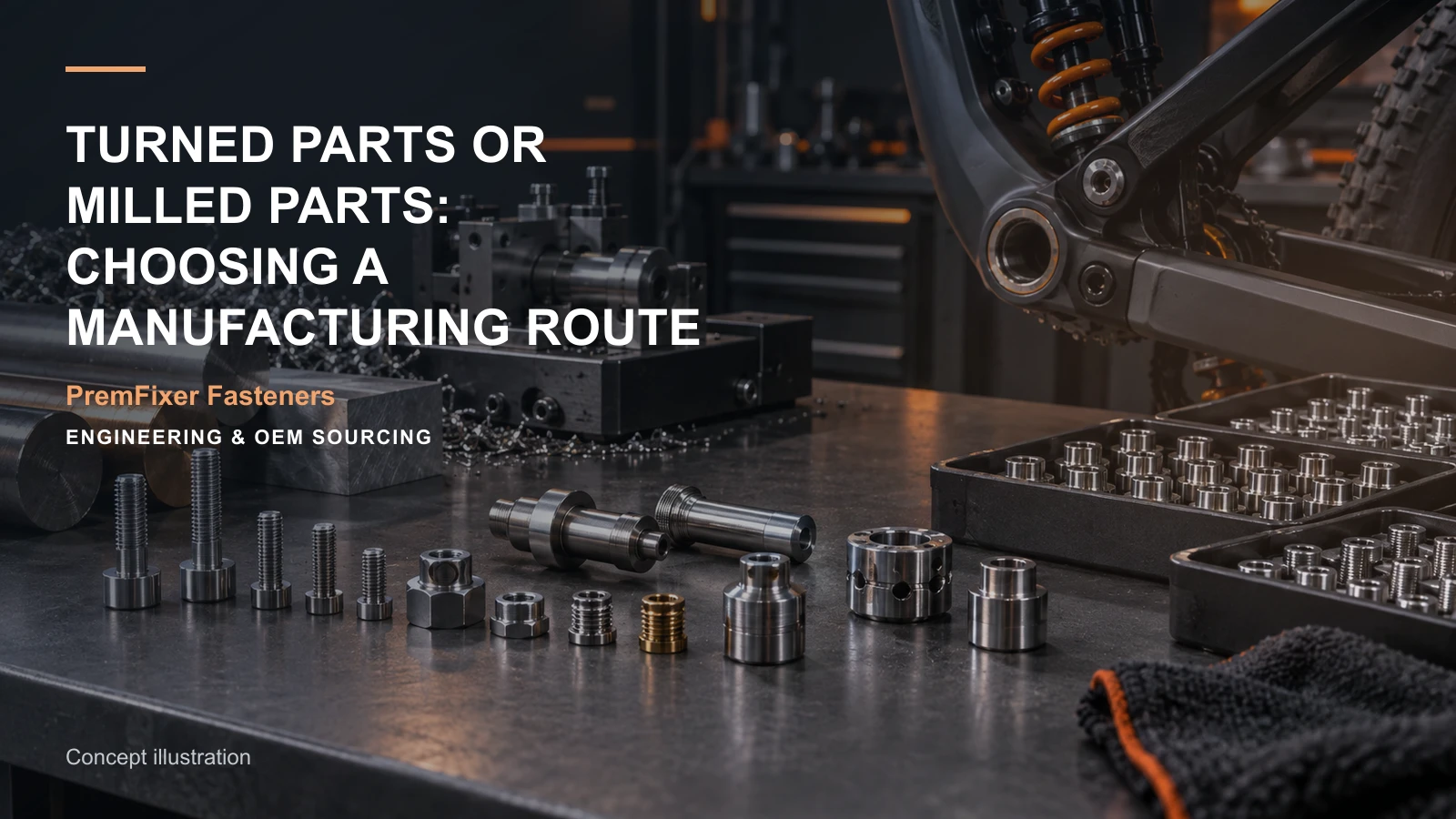 Editorial concept for turned versus milled component routes with cards for shaft feature map, combined-route map, workholding concept and setup record.