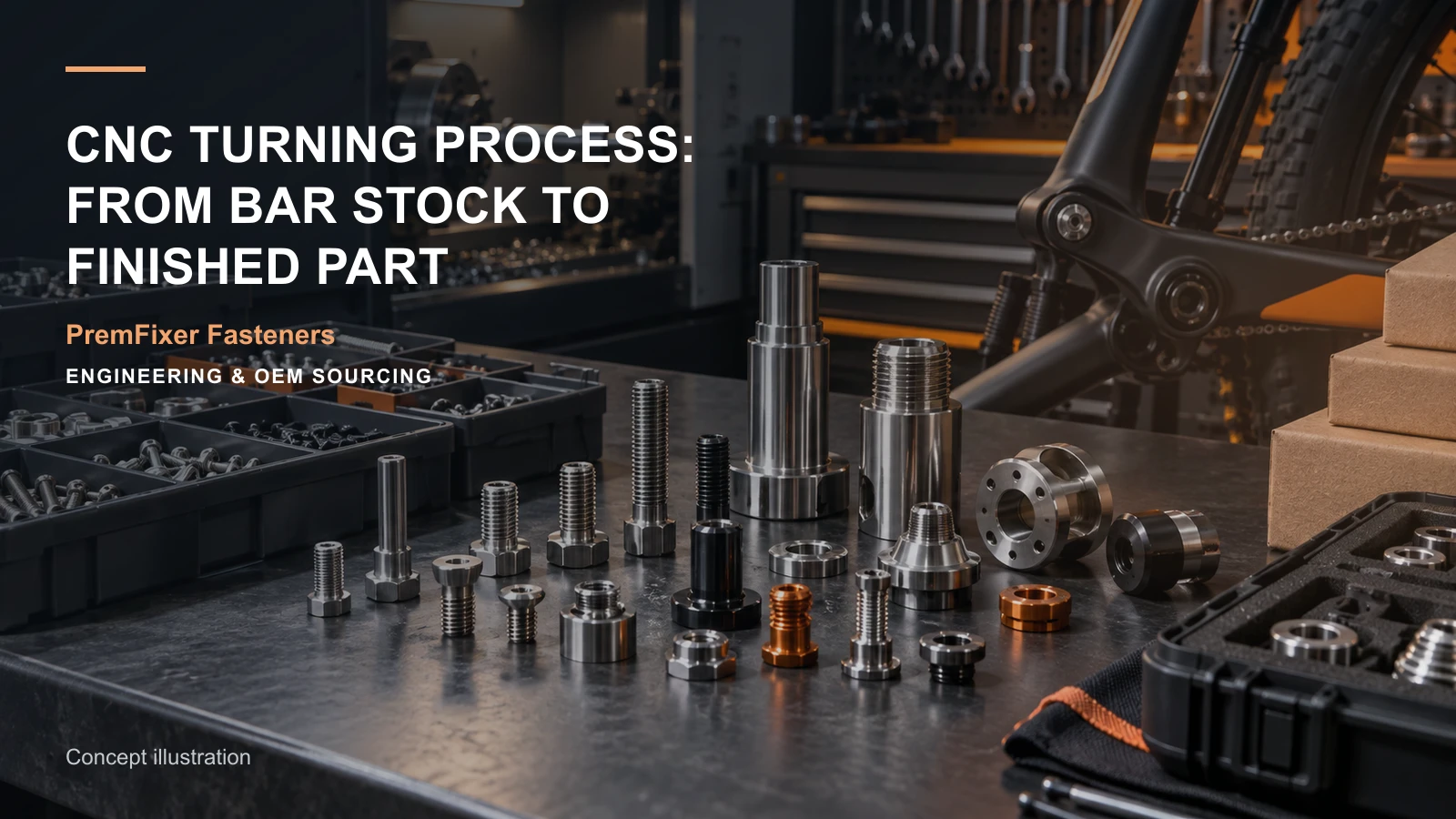 Editorial concept for turning from bar stock to finished component with cards for shaft feature map, workholding concept and setup record, combined-route map.