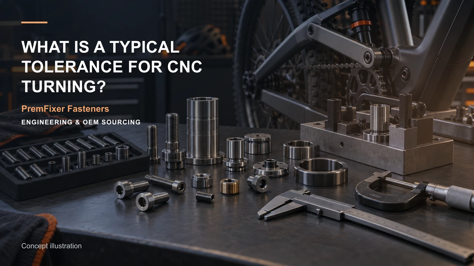 Editorial concept for typical CNC turning tolerance with cards for tolerance interval explanation, feature-to-inspection map, tolerance allocation map.
