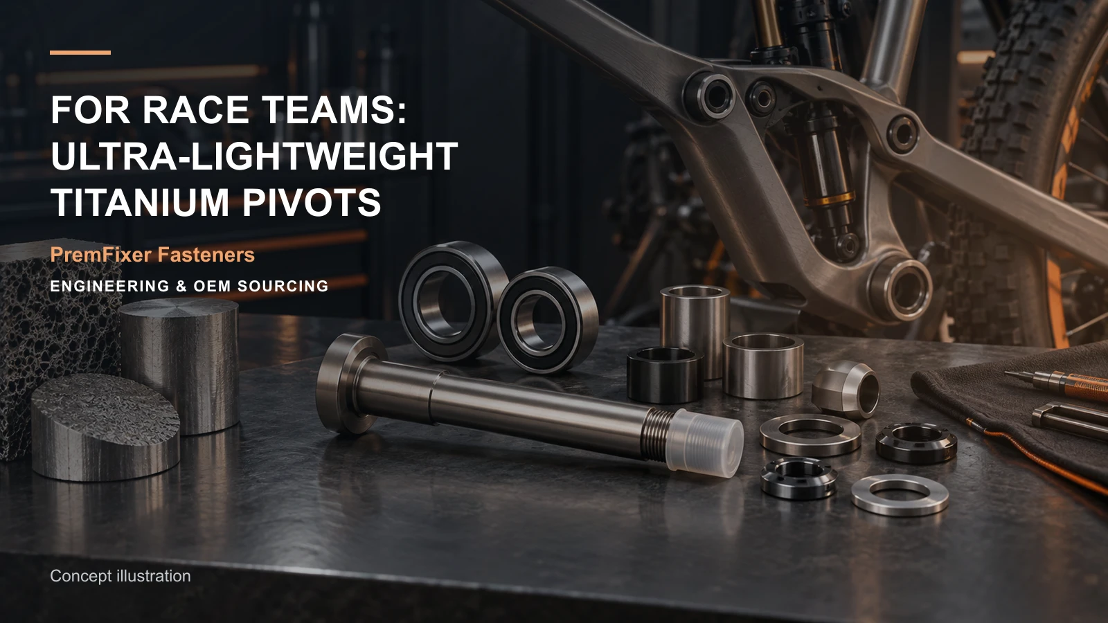 Editorial concept for ultralight race-team titanium hardware with cards for race development brief, lightweight design comparison, titanium option comparison.