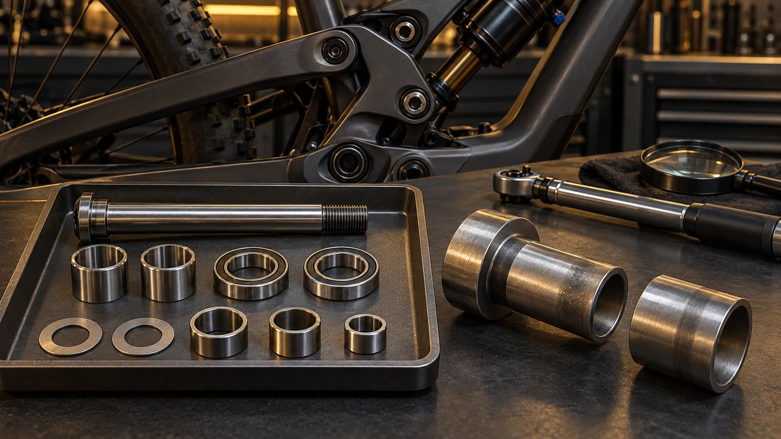 Concept pivot shoulder shaft, bearing rings and spacer contacts beside inactive tools, illustrating movement-interface review without actual diagnosed fretting or repair.