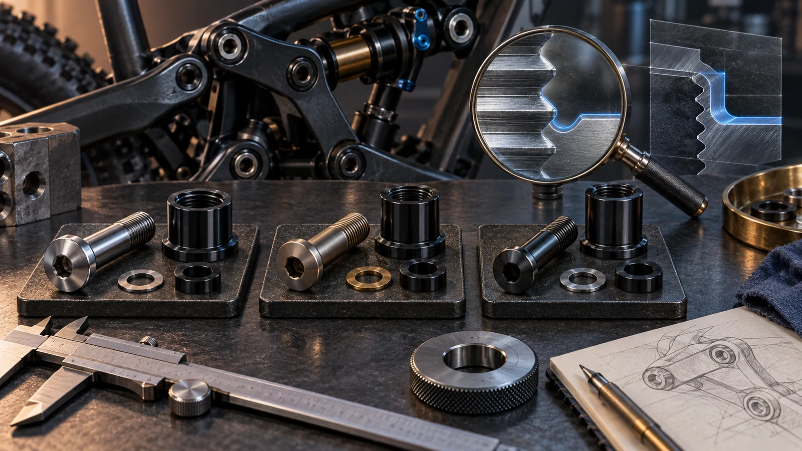 Editorial concept illustration of pivot bolts, threaded receivers and a magnified thread-root comparison; not an approved dimensional drawing or actual inspection.