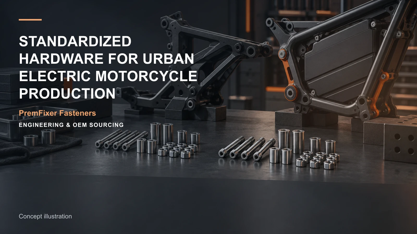 Concept illustration for Standardized Hardware for Urban Electric Motorcycle Production.