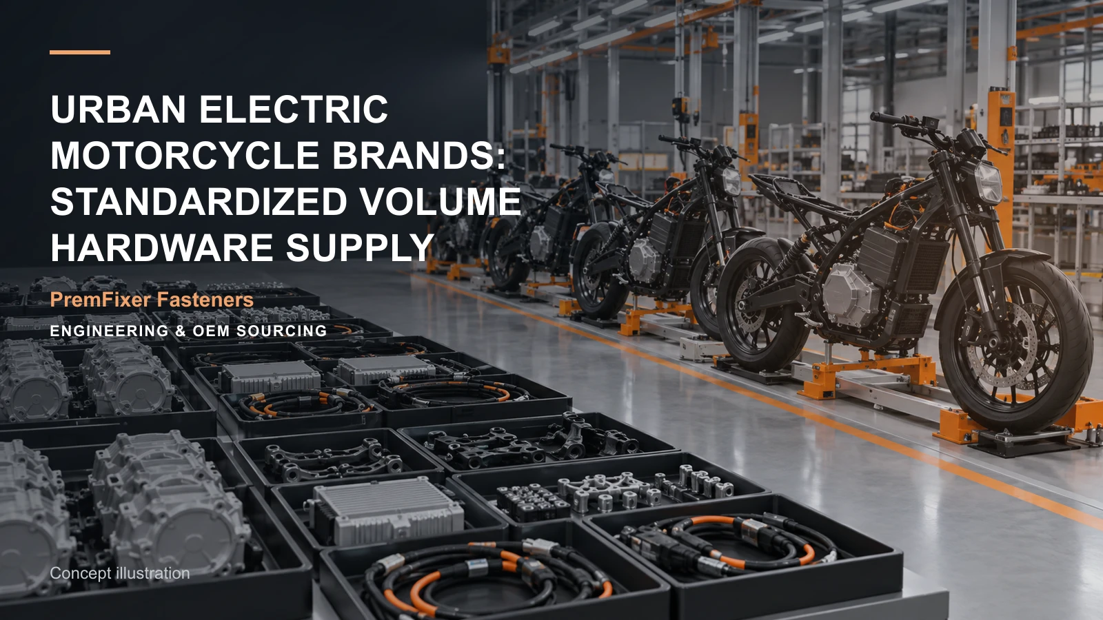 Conceptual engineering workspace introducing urban electric-motorcycle production hardware for bicycle and electric-mobility OEM teams.