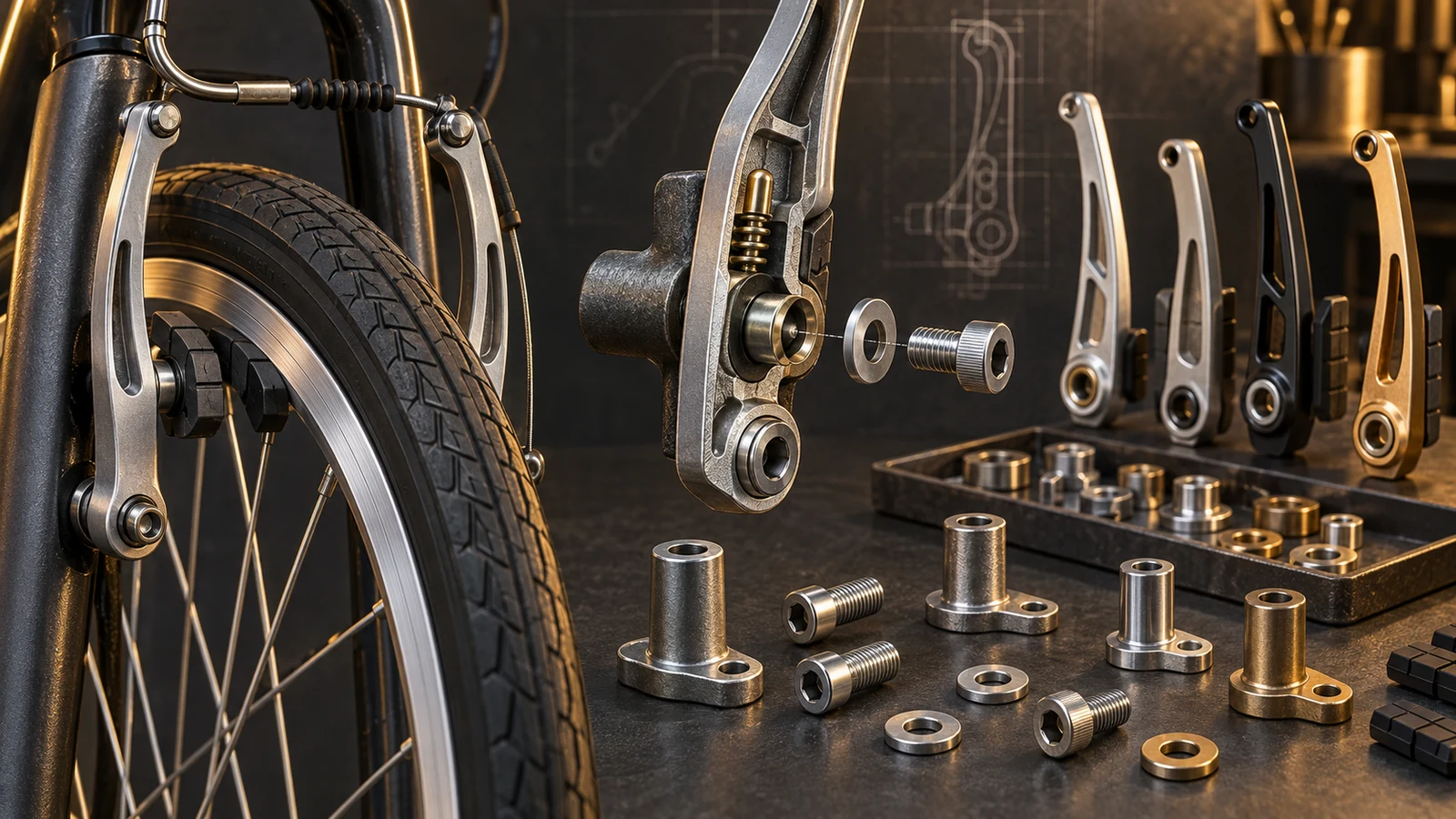 Concept rendering of V-brake arms on rim-brake bosses, a cutaway mount and exploded fixing parts, not an approved brake replacement