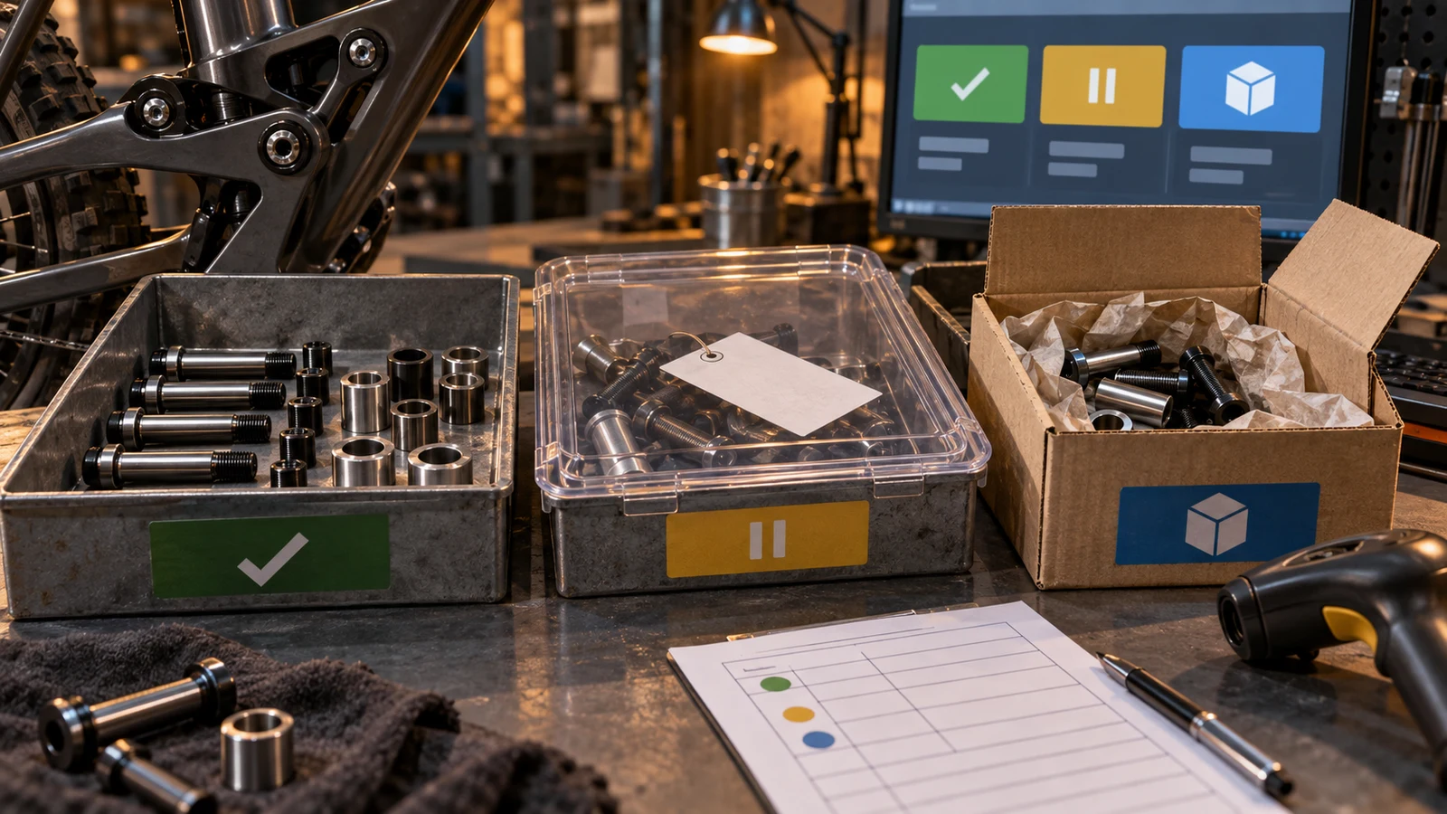 Concept receiving bench with separated pivot hardware trays, an incoming carton and an abstract inventory screen; not actual stock, a deployed VMI system or measured cost savings.