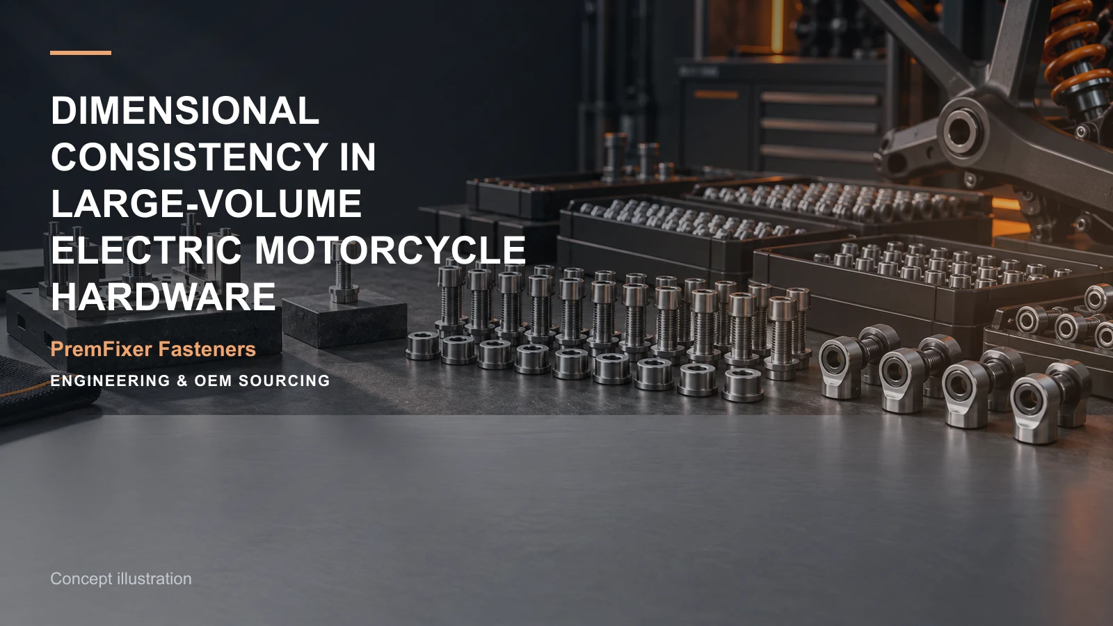 Concept illustration for Dimensional Consistency in Large-Volume Electric Motorcycle Hardware.