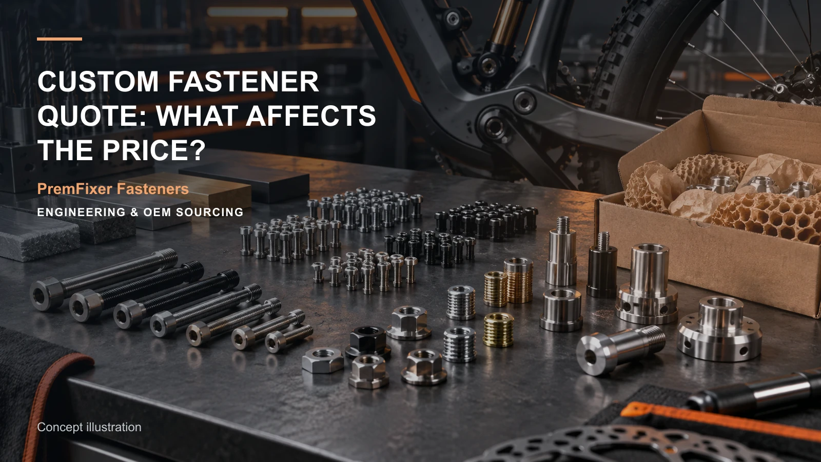 Editorial concept for what determines a custom fastener quotation with cards for quote comparison table, material selection record, feature-to-inspection map.