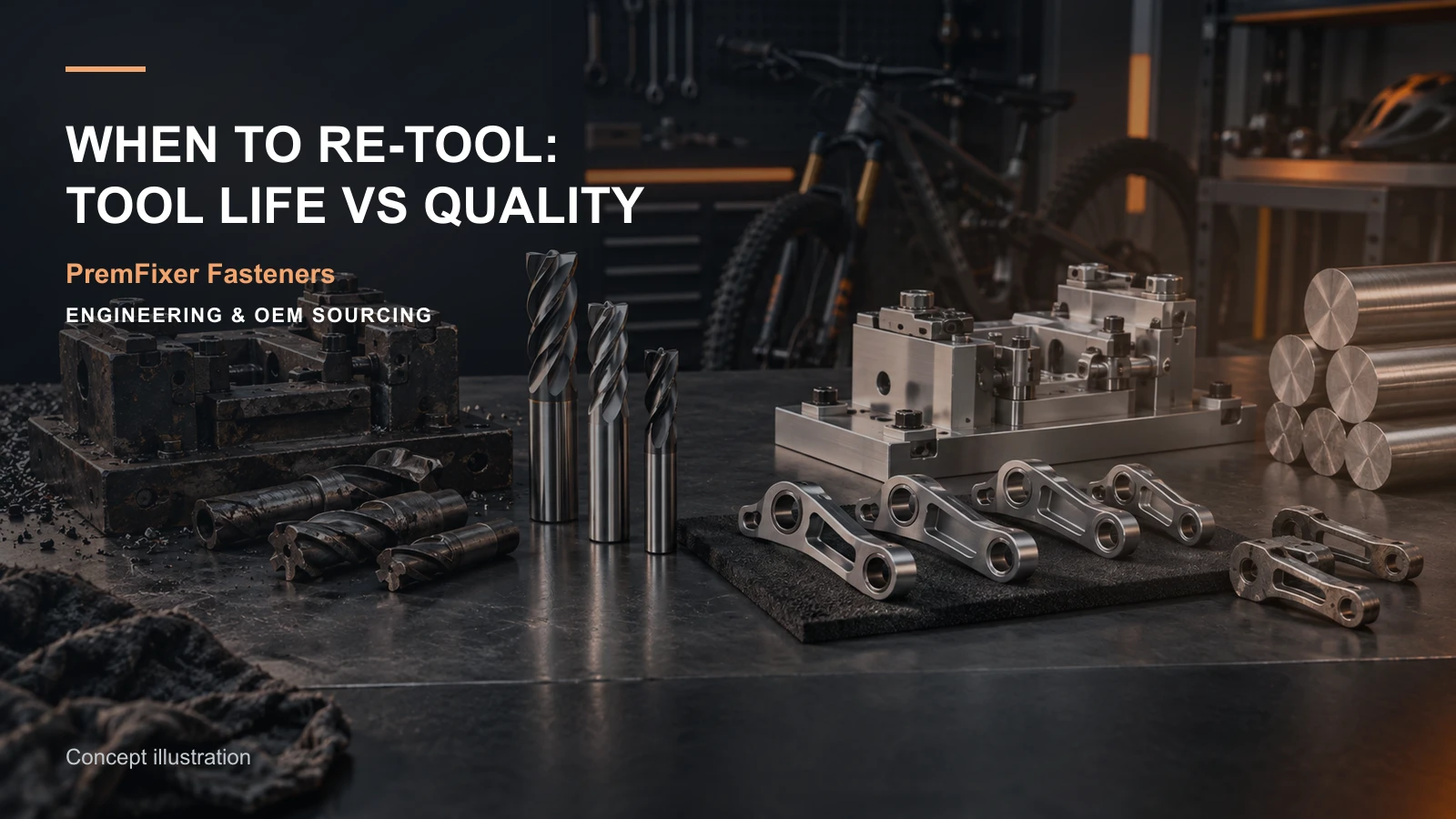Editorial concept for when to replace production tooling with cards for tool-action record, workholding concept and setup record, defect analysis table.